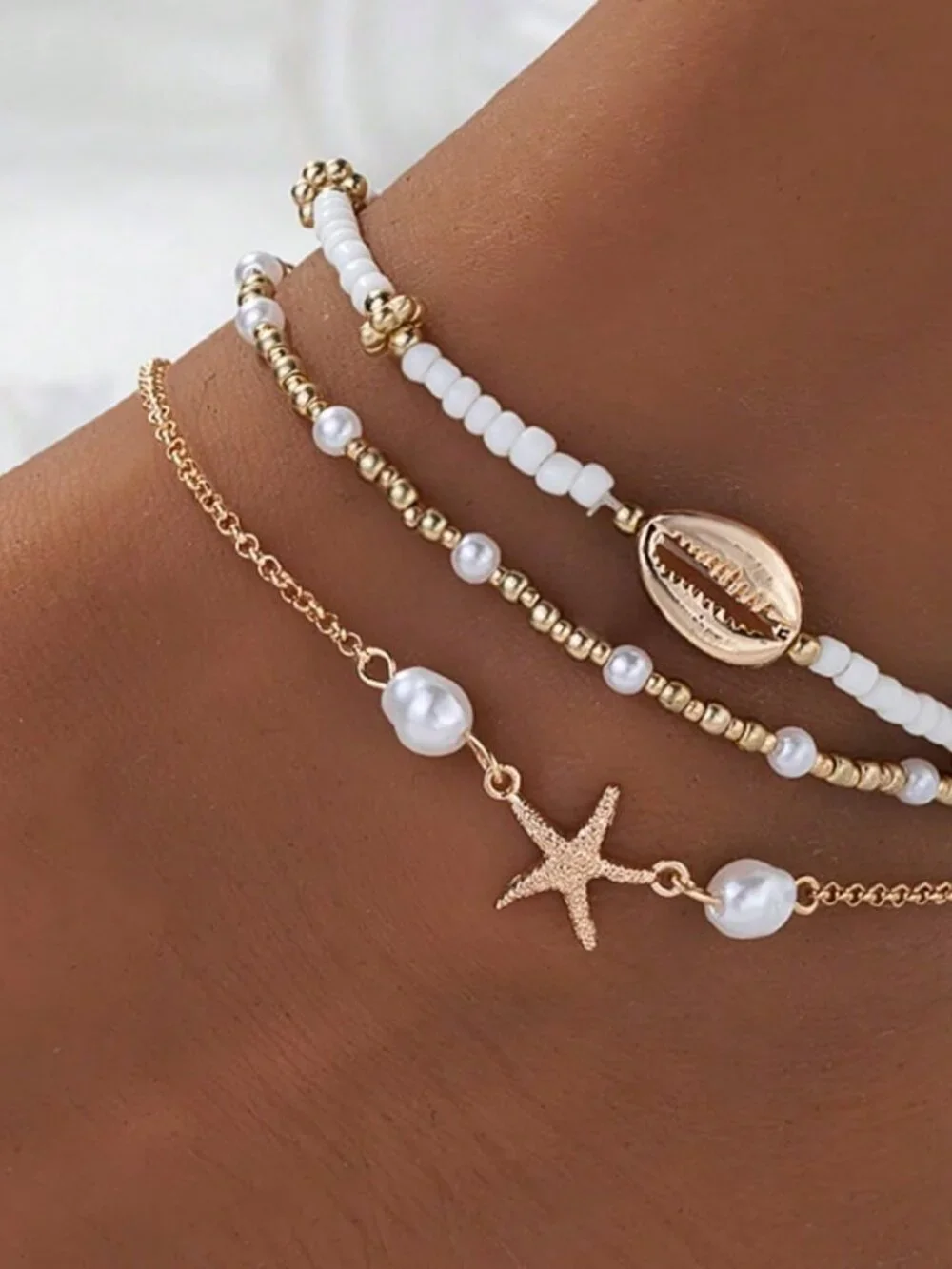 Boho Women's Beach Style Metal Starfish & Shell Beaded Anklet Set